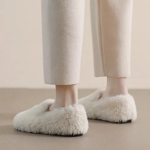 Women Warm Faux Fur Plush Loafers Flat Shoes Round Toe Slip On Thermal Cotton Shoes For Autumn Winter Casual Outdoor