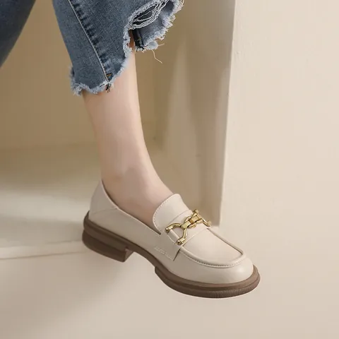 Mocassins pour Femmes Style Britannique Talon Épais Semelle Épaisse Mors de Cheval Cuir Microfibre Confort Quotidien Chaussures de Bureau