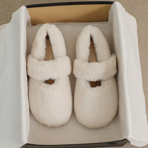 Women Faux Fur Mary Jane Flats Warm Plush Round Toe Slip On Casual Flat Shoes For Winter Autumn Black Khaki Off White
