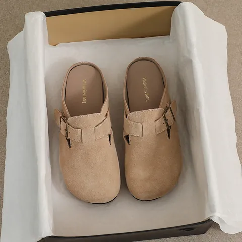 Retro Cow Suede Closed Toe Mules For Women Metal Buckle Flat Clogs Casual Comfortable Slip On Slippers Vintage Outdoor Shoes