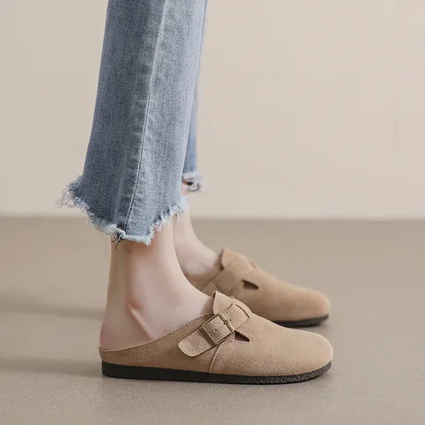 Retro Cow Suede Closed Toe Mules For Women Metal Buckle Flat Clogs Casual Comfortable Slip On Slippers Vintage Outdoor Shoes