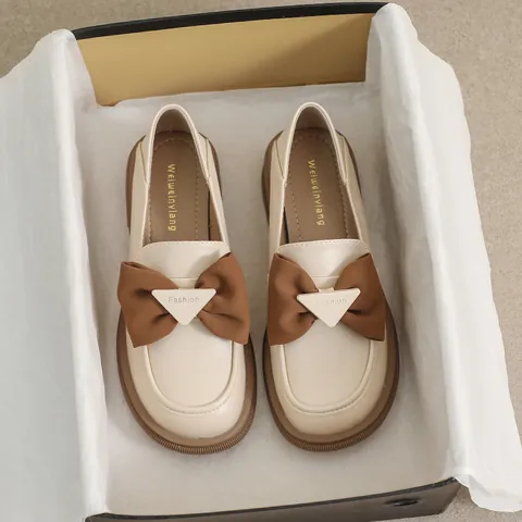 Mocasines de Piel de Microfibra Vintage para Mujer Con Lazo Grande y Tacón Grueso Suela Blanda Punta Redonda Estilo Británico Zapatos Casuales