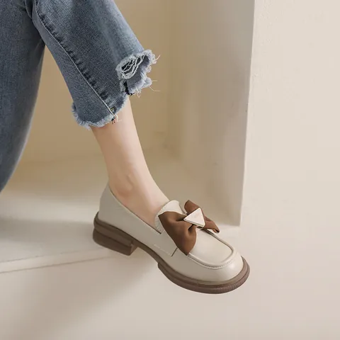 Mocasines de Piel de Microfibra Vintage para Mujer Con Lazo Grande y Tacón Grueso Suela Blanda Punta Redonda Estilo Británico Zapatos Casuales