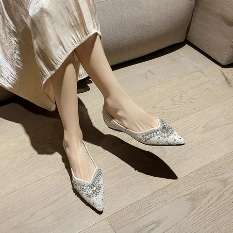 Women Pointed Toe Flat Shoes Rhinestone Pearl Microfiber Leather Fairy Style Slip On Dress Shoes For Wedding Party Banquet