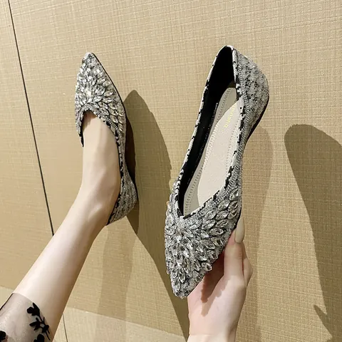 Women Pointed Toe Flat Shoes Rhinestone Slip On Loafers Sparkly Ballerina Flats Comfortable Microfiber Sole Footwear For Wedding Party