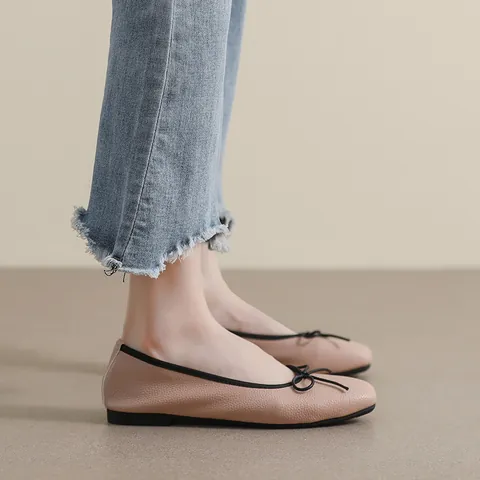 Women Ballet Flats Square Toe Bow Tie Soft Microfiber Leather Casual Shoes Comfortable Slip On Flat Shoes Breathable Footwear