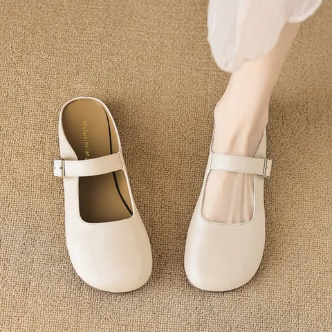 Women Vintage Mary Jane Mules Flat Half Slippers Round Toe Buckle Microfiber Leather Breathable Casual Office Shoes