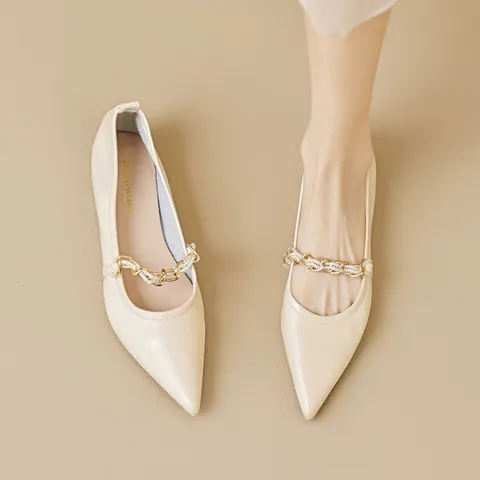 Women Pointed Toe Flat Shoes Elegant Mary Jane Artificial Pearl Metal Chain Decoration Soft Sole Slip-On Casual Daily Office Footwear