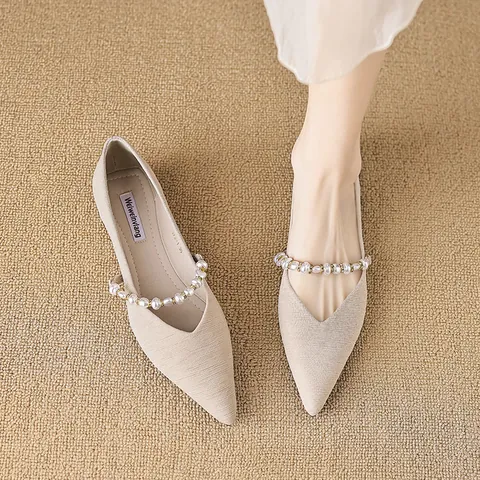 French Style Pointed Toe Flat Shoes For Women Elegant Pearl Beaded Satin Doudou Shoes Casual Shallow Mouth Slip On Single Shoes