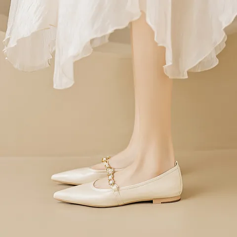 Women Pointed Toe Flat Shoes Elegant Mary Jane Artificial Pearl Metal Chain Decoration Soft Sole Slip-On Casual Daily Office Footwear