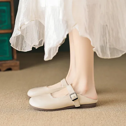 Women Vintage Mary Jane Mules Flat Half Slippers Round Toe Buckle Microfiber Leather Breathable Casual Office Shoes