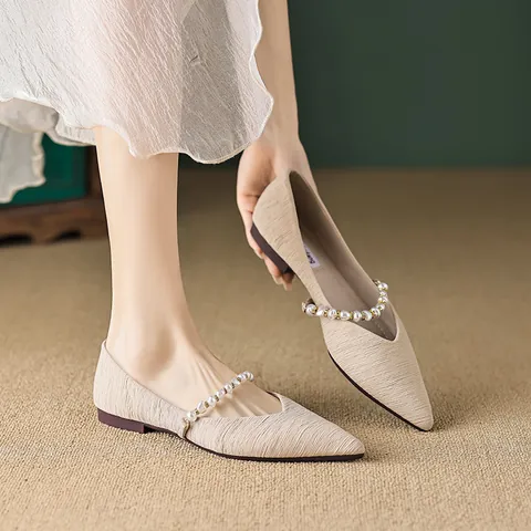 French Style Pointed Toe Flat Shoes For Women Elegant Pearl Beaded Satin Doudou Shoes Casual Shallow Mouth Slip On Single Shoes
