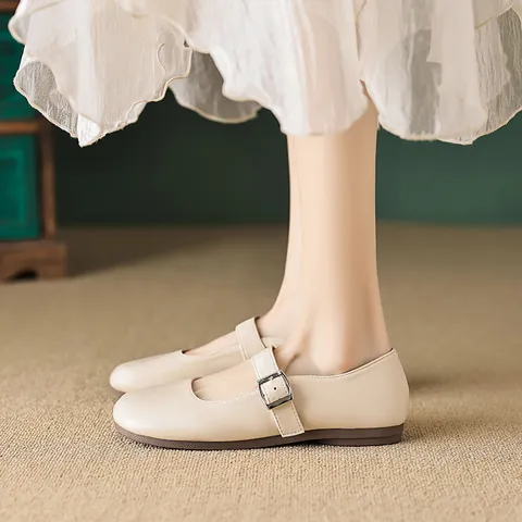 Women French Mary Jane Flat Shoes Vintage Round Toe Single Shoes Microfiber Leather Soft Sole Comfortable Daily Footwear