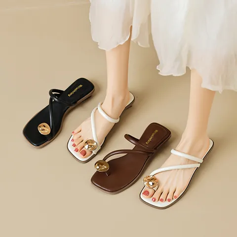 Women's Summer Flip Flops French Style Flat Sandals With Gold Metal Buckle Microfiber Leather Casual Beach Slippers