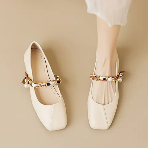 French Style Square Toe Mary Jane Shoes For Women Scarf Metal Chain Artificial Pearl Decoration Low Heel PU Leather Casual Office Flats