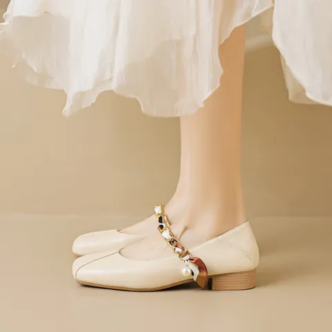 French Style Square Toe Mary Jane Shoes For Women Scarf Metal Chain Artificial Pearl Decoration Low Heel PU Leather Casual Office Flats