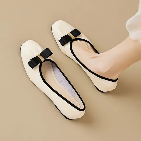 Women Square Toe Flat Shoes With Bowknot Metal Buckle Microfiber Leather Breathable Soft Sole Loafers Elegant Slip On Ballet Flats