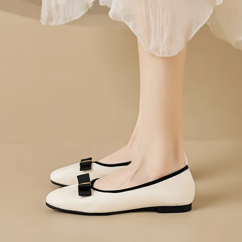 Women Square Toe Flat Shoes With Bowknot Metal Buckle Microfiber Leather Breathable Soft Sole Loafers Elegant Slip On Ballet Flats