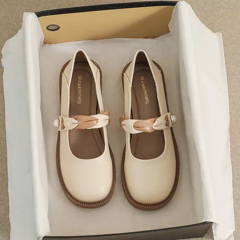 Women Thick Sole Mary Jane Shoes Pearl Strap Round Toe French Style Sweet Single Shoes Microfiber Leather Soft Sole Casual