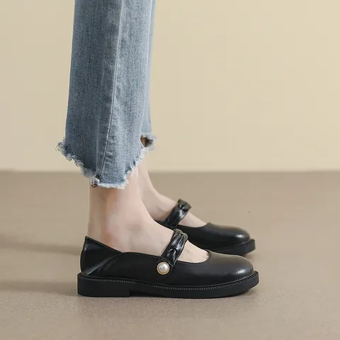 Women Thick Sole Mary Jane Shoes Pearl Strap Round Toe French Style Sweet Single Shoes Microfiber Leather Soft Sole Casual