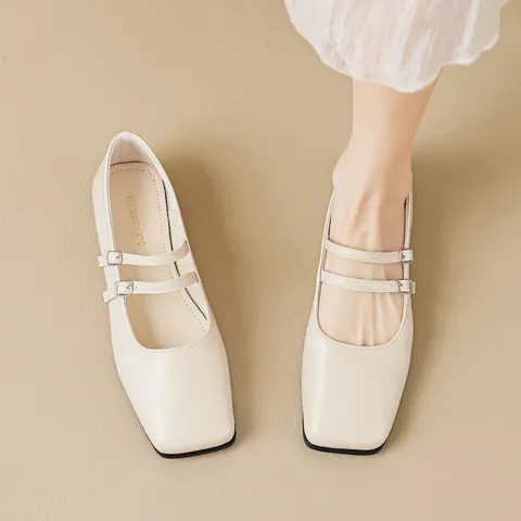 Women Retro Square Toe Mary Jane Flats Double Strap Microfiber Leather Retro Hepburn Style Low Heel Walking Shoes For Women