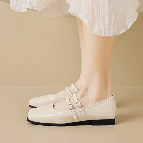 Women Retro Square Toe Mary Jane Flats Double Strap Microfiber Leather Retro Hepburn Style Low Heel Walking Shoes For Women