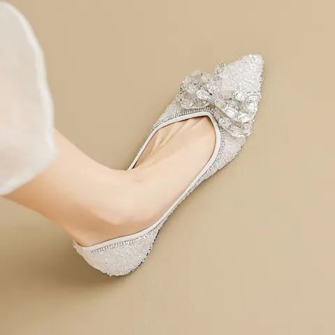 Women's Elegant Rhinestone Flat Shoes Sparkly Bow Pointed Toe Gentle French Style Bridal Wedding Party Ballet Flats Shoes