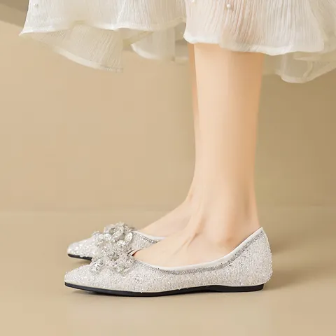 Women's Elegant Rhinestone Flat Shoes Sparkly Bow Pointed Toe Gentle French Style Bridal Wedding Party Ballet Flats Shoes