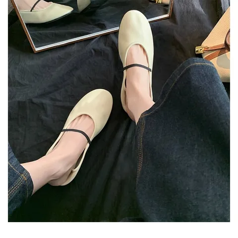 Women Mary Jane Flats Round Toe Soft Microfiber Leather Elastic Thin Strap Solid Color Comfortable Daily Walking Shoes