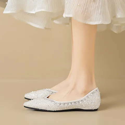 Luxury Rhinestone Women's Flats Microfiber Sequined Fairy Style Pointed Square Toe Wedding Party Ballet Single Shoes
