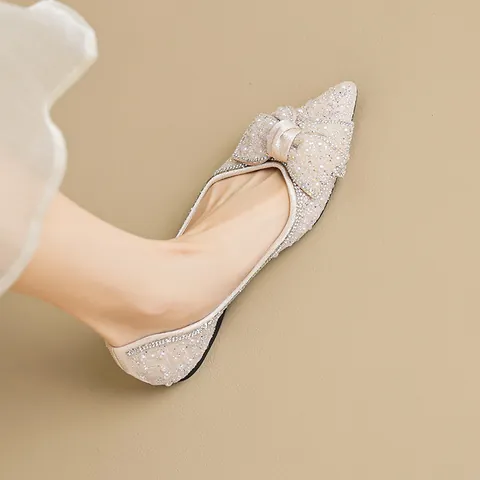 Women Elegant Rhinestone Pearl Bow Flat Shoes Pointed Square Toe Champagne Sparkly Ballet Flats Slip-On Party Wedding Shoes