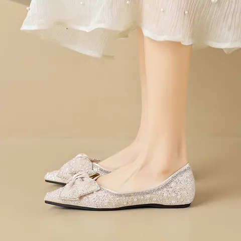 Women Elegant Rhinestone Pearl Bow Flat Shoes Pointed Square Toe Champagne Sparkly Ballet Flats Slip-On Party Wedding Shoes