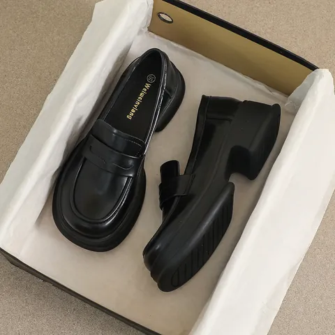 Women's British Style Black Loafers Microfiber Leather Thick Platform Round Toe Chunky Heel Casual Slip On Office Shoes
