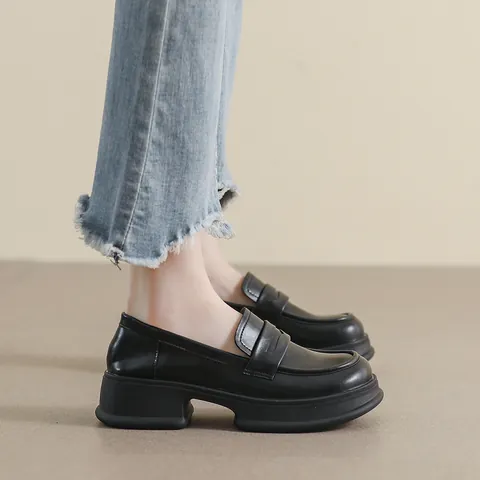 Women's British Style Black Loafers Microfiber Leather Thick Platform Round Toe Chunky Heel Casual Slip On Office Shoes