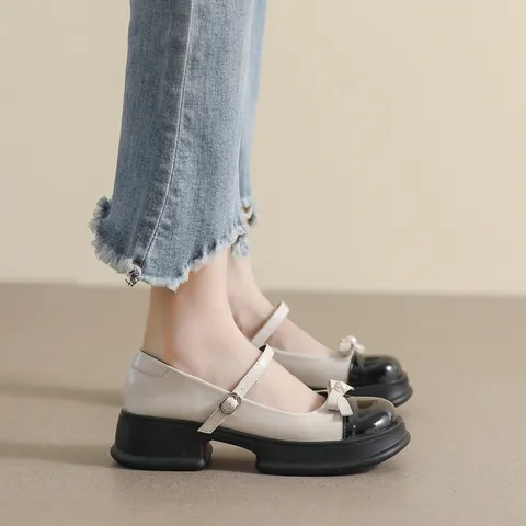 Vintage Women Mary Jane Shoes Platform Block Heel Contrast Color Bow Pearl Decor Single Strap French Style Preppy Dress Shoes