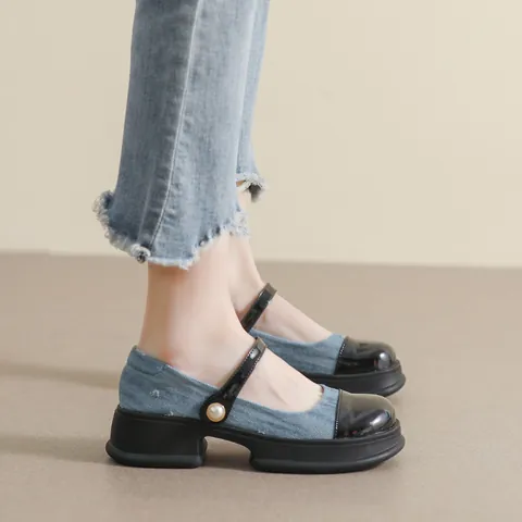 Retro Women Platform Mary Jane Shoes Denim Patent Leather Colorblock Artificial Pearl Buckle Soft Sole Elegant Comfortable Work Pumps