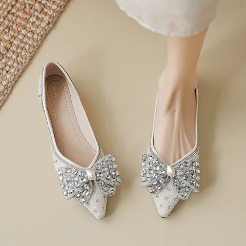 Elegant Women Rhinestone Butterfly Bow Pointed Square Toe Flat Shoes Glitter Wedding Party Dress Bridal Single Shoes