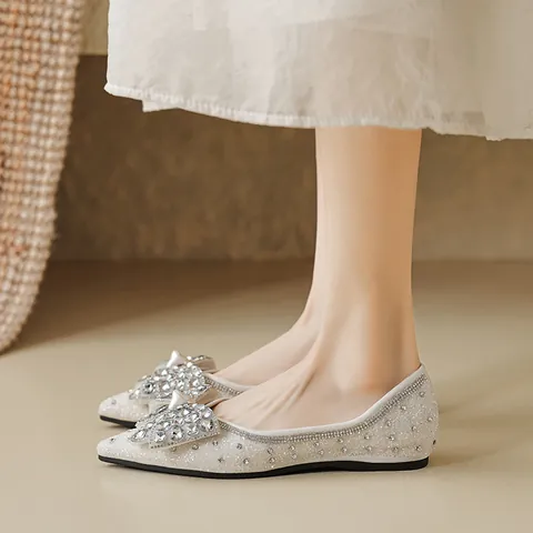 Elegant Women Rhinestone Butterfly Bow Pointed Square Toe Flat Shoes Glitter Wedding Party Dress Bridal Single Shoes