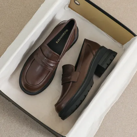 Mocasines con Plataforma Vintage para Mujer Cuero de Microfibra Tacón Grueso Zapatos Casuales Transpirables Punta Redonda para Oficina Diaria