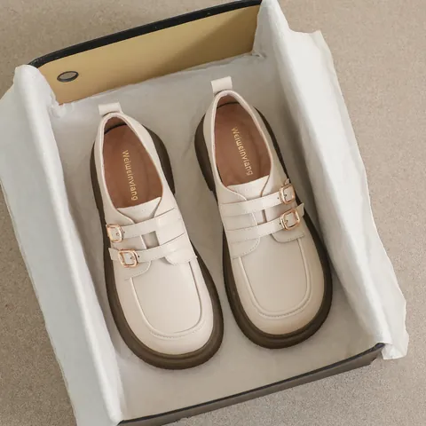 Women Vintage Double Buckle Loafers Microfiber Leather Round Toe Platform Mary Janes 4cm Heel Preppy Style Casual Shoes