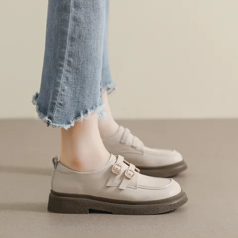 Women Vintage Double Buckle Loafers Microfiber Leather Round Toe Platform Mary Janes 4cm Heel Preppy Style Casual Shoes