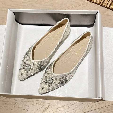 Women's Elegant Rhinestone Artificial Pearl Flat Shoes Pointed Toe Shallow Mouth Slip On Wedding Bridal Shoes Fairy Style Flat Loafers