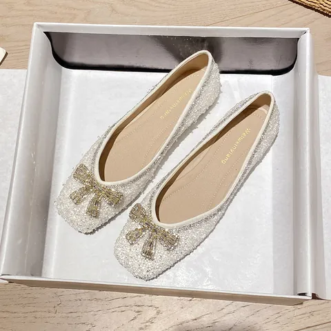 Women Elegant Rhinestone Bow Flat Shoes Sparkling Sequins Square Pointed Toe Wedding Party Slip-on Ballet Flats