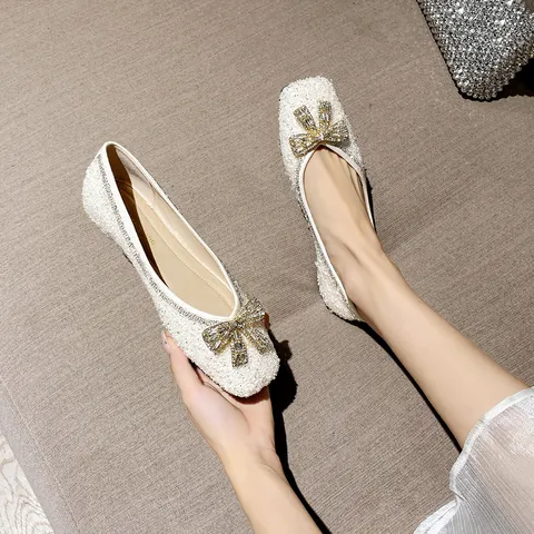 Women Elegant Rhinestone Bow Flat Shoes Sparkling Sequins Square Pointed Toe Wedding Party Slip-on Ballet Flats