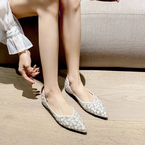 Elegant Women Pointed Square Toe Flat Shoes Microfiber Upper Rhinestone Artificial Pearl Decoration Slip On Loafers Wedding Party Dress Shoes