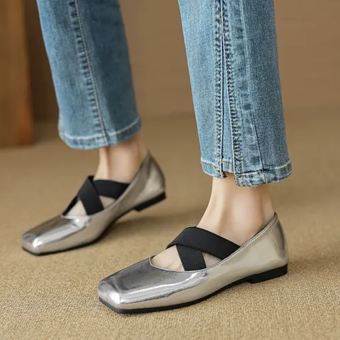 Women Retro Square Toe Ballet Flats Microfiber Cross Elastic Straps Minimalist Slip On Flat Shoes Daily Walking Footwear