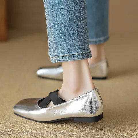Women Retro Square Toe Ballet Flats Microfiber Cross Elastic Straps Minimalist Slip On Flat Shoes Daily Walking Footwear