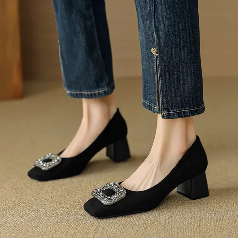 Women French Vintage Square Toe Chunky Heel Pumps Rhinestone Buckle Black Suede Elegant Dress Shoes Wedding Party Office