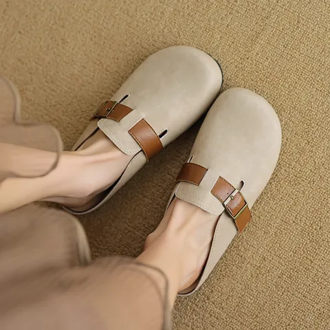 Women's Vintage Microfiber Leather Closed Toe Mules Slip-on Flat Clogs With Adjustable Metal Buckle Retro Casual Solid Color Daily Slippers
