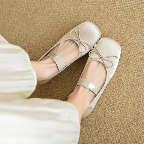 Women's Satin Mary Jane Ballet Flats Vintage Bowknot Elastic Strap Square Toe Comfort Flat Single Shoes For Daily Party
